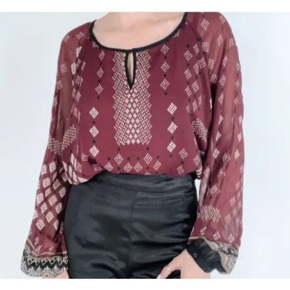 Women's Adrianna Papell Burgundy Sheer Long Sleeve Dressy Blouse Size Medium